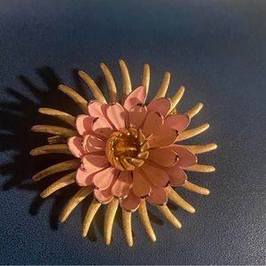 Vintage signed Emmons brooch pink with black tips gold metal 2x2 inch